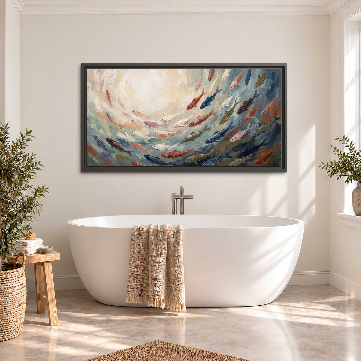 Sweeping cream, teal and rust painted-style curves single framed canvas wall art styled in an interior