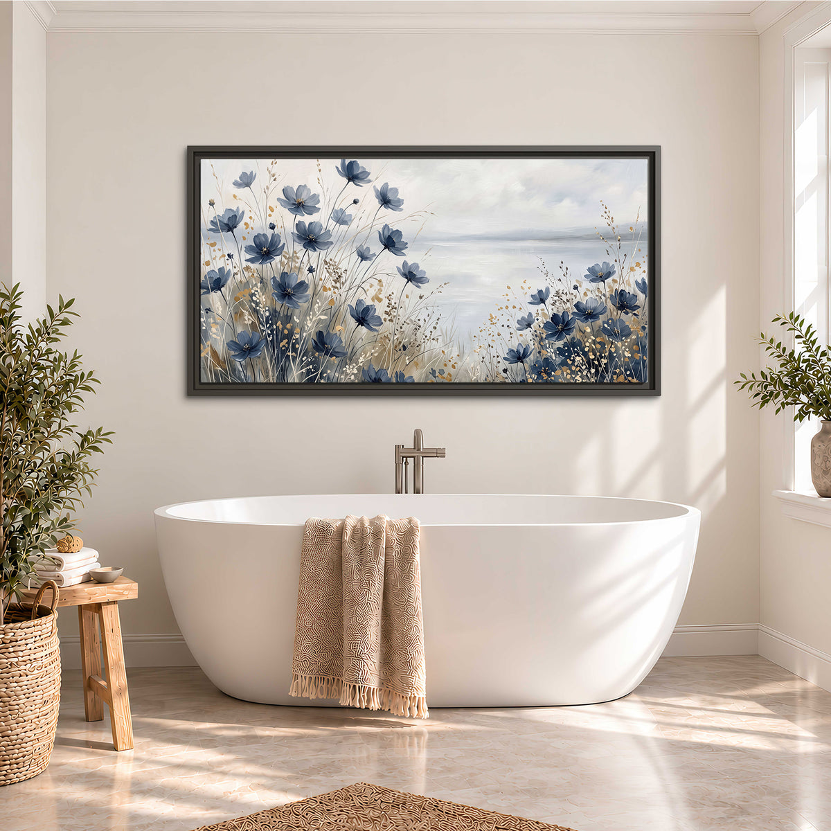 Soft blue flowers and ivory grasses beside a pale coastal horizon single framed canvas wall art styled in an interior