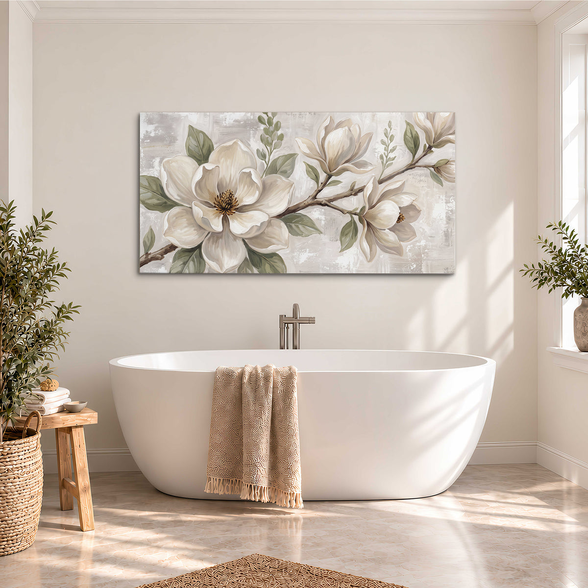 Large ivory magnolia blossoms and soft green leaves on pale gray single canvas wall art styled in an interior