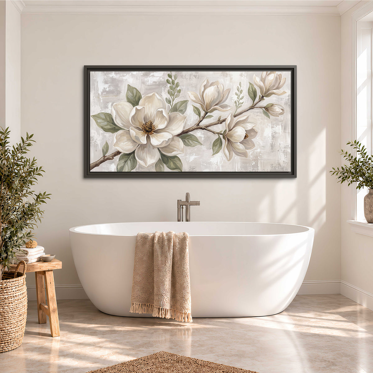 Large ivory magnolia blossoms and soft green leaves on pale gray single framed canvas wall art styled in an interior