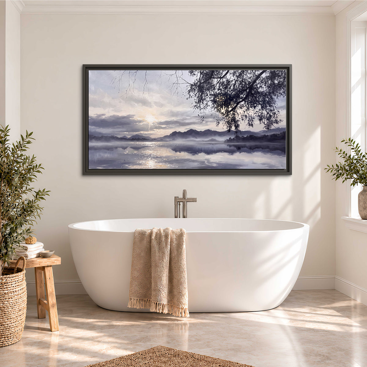 Quiet gray-blue water and dark overhanging branches beneath evening clouds single framed canvas wall art styled in an interior