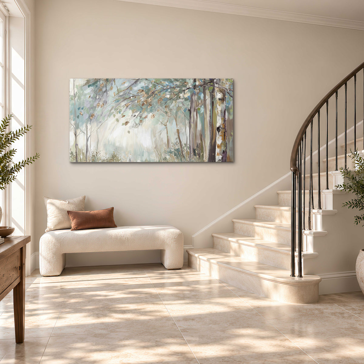 Slender woodland trunks and delicate branches in soft green and cream single canvas wall art styled in an interior