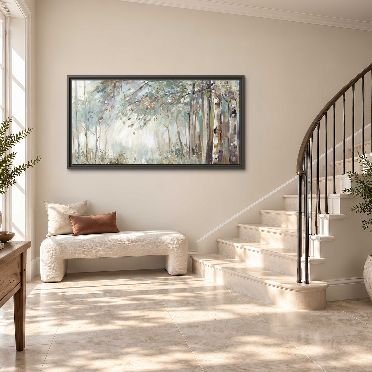 Slender woodland trunks and delicate branches in soft green and cream single framed canvas wall art styled in an interior
