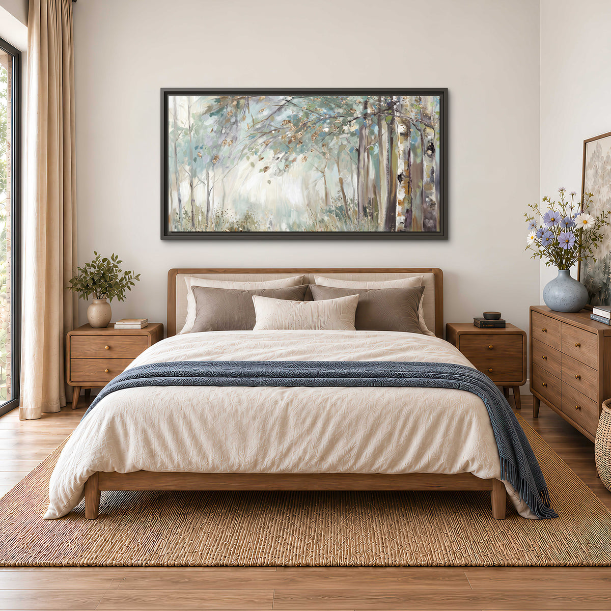 Slender woodland trunks and delicate branches in soft green and cream single framed canvas wall art styled in an interior