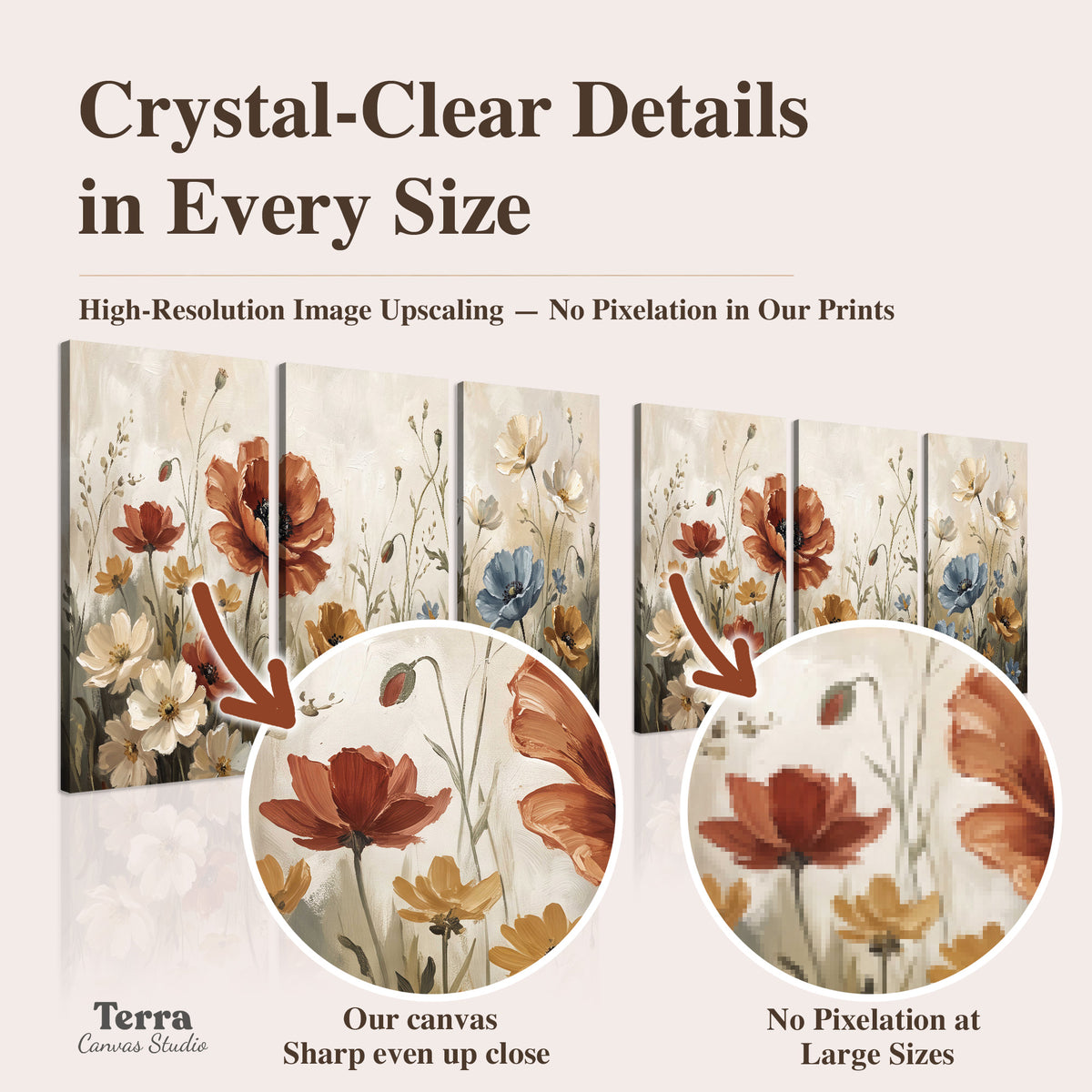Rust red, pale blue and ivory flowers with delicate meadow stems artwork quality information