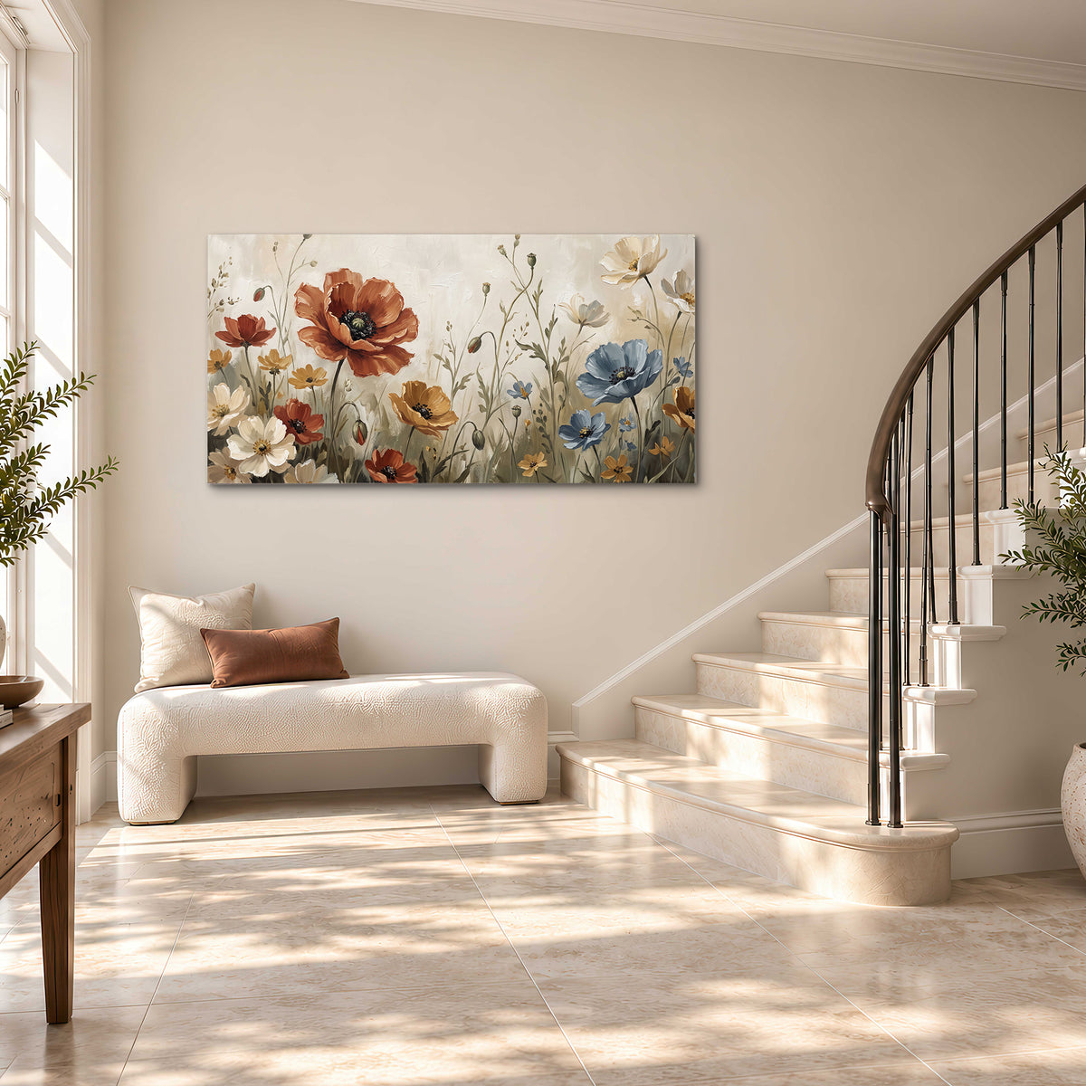 Rust red, pale blue and ivory flowers with delicate meadow stems single canvas wall art styled in an interior