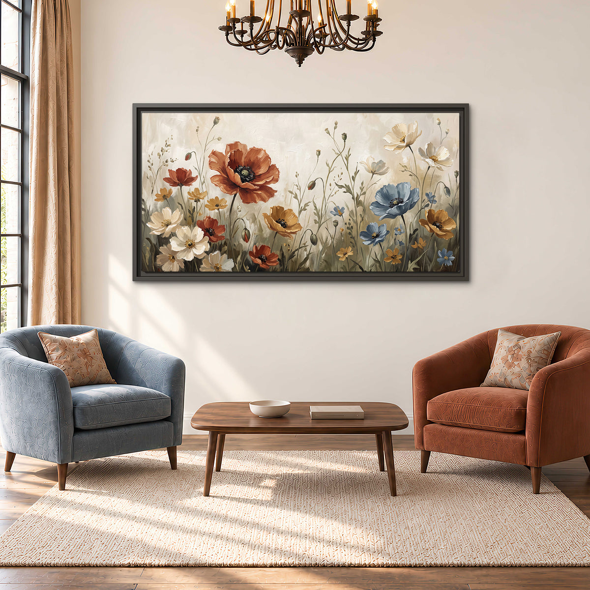Rust red, pale blue and ivory flowers with delicate meadow stems single framed canvas wall art styled in an interior