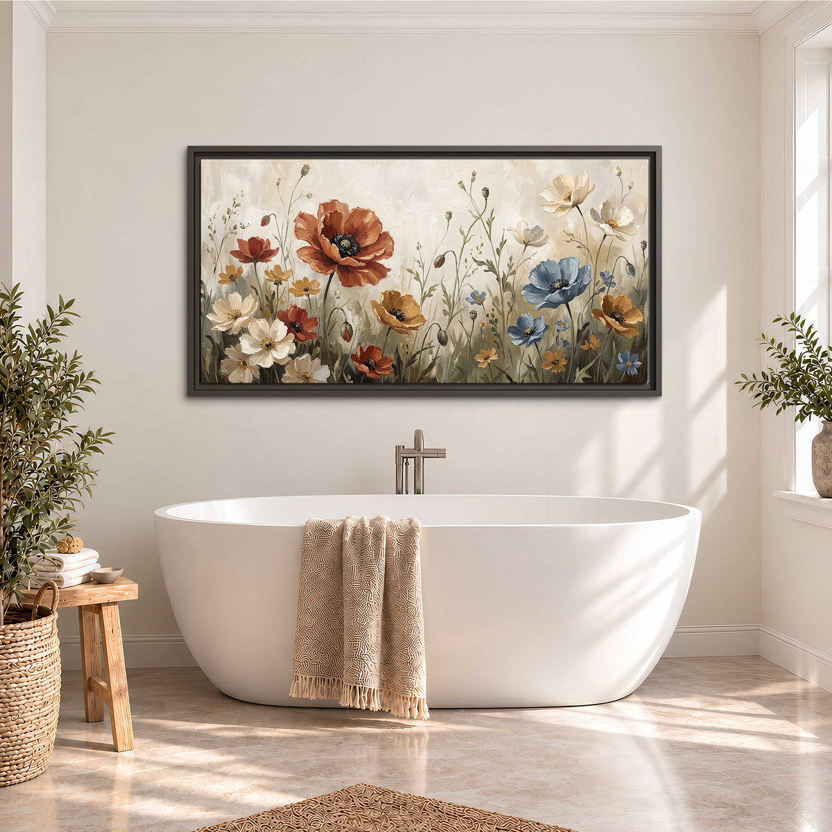 Rust red, pale blue and ivory flowers with delicate meadow stems single framed canvas wall art styled in an interior