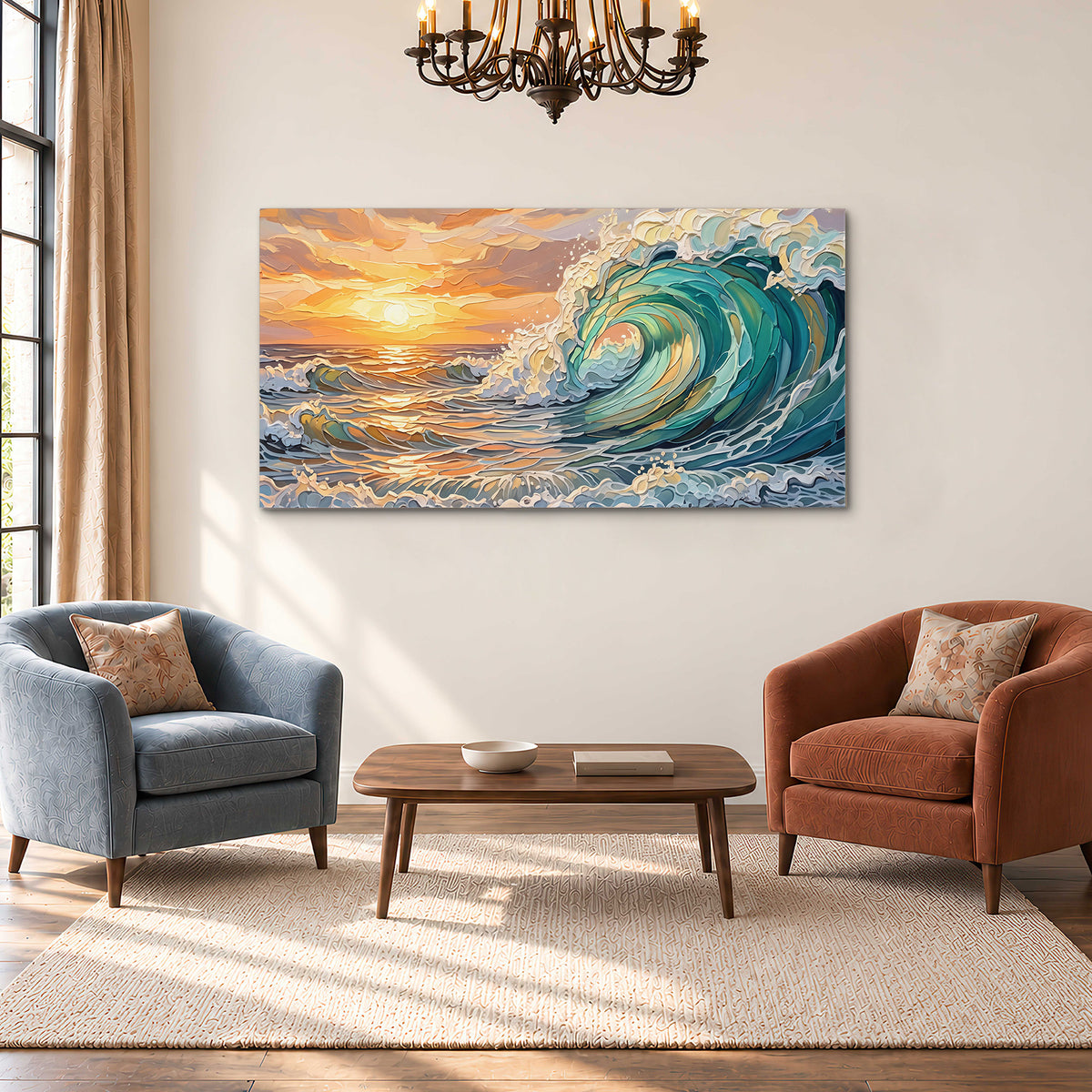 A curling turquoise ocean wave beneath a warm orange sunset single canvas wall art styled in an interior
