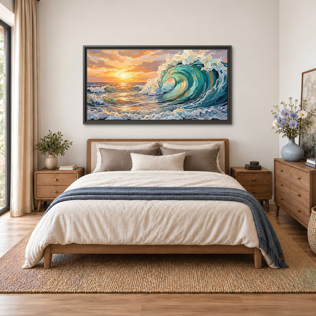 A curling turquoise ocean wave beneath a warm orange sunset single framed canvas wall art styled in an interior