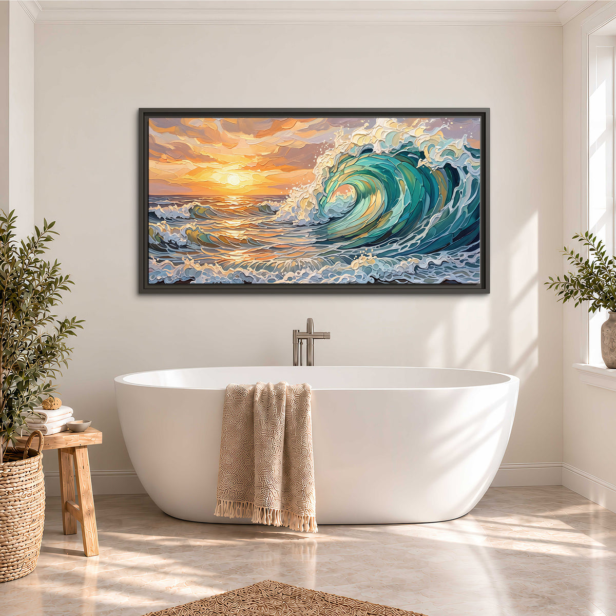 A curling turquoise ocean wave beneath a warm orange sunset single framed canvas wall art styled in an interior