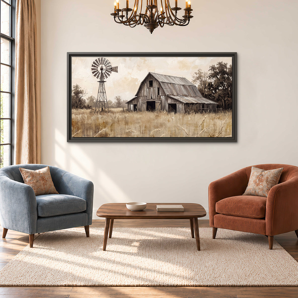 A weathered wooden barn and windmill in a golden country field single framed canvas wall art styled in an interior