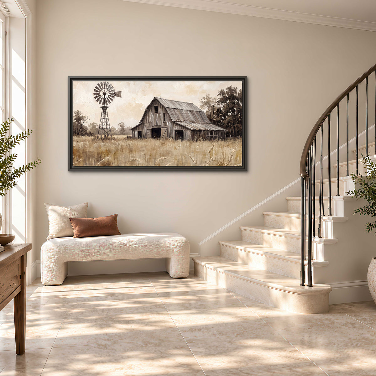 A weathered wooden barn and windmill in a golden country field single framed canvas wall art styled in an interior
