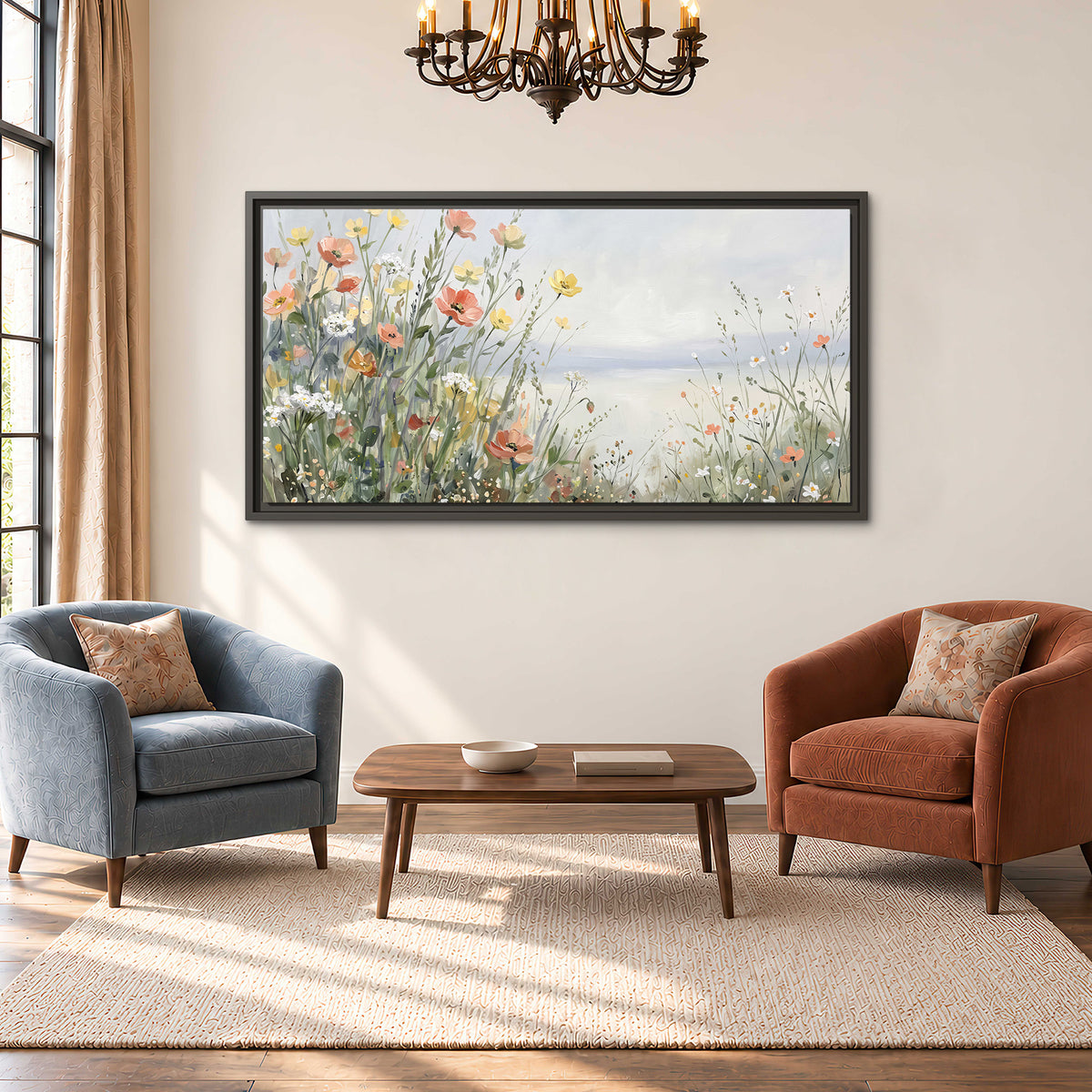 Small colorful wildflowers and light grasses beside a pale lake single framed canvas wall art styled in an interior