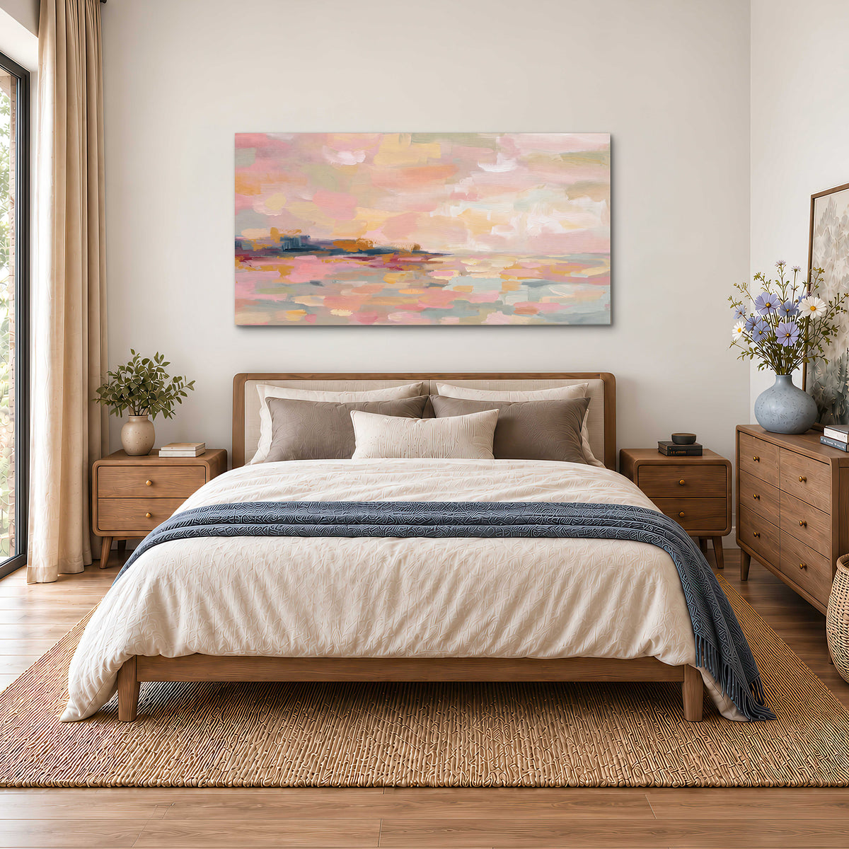 Pink, peach and yellow painted-style sky and water reflections single canvas wall art styled in an interior