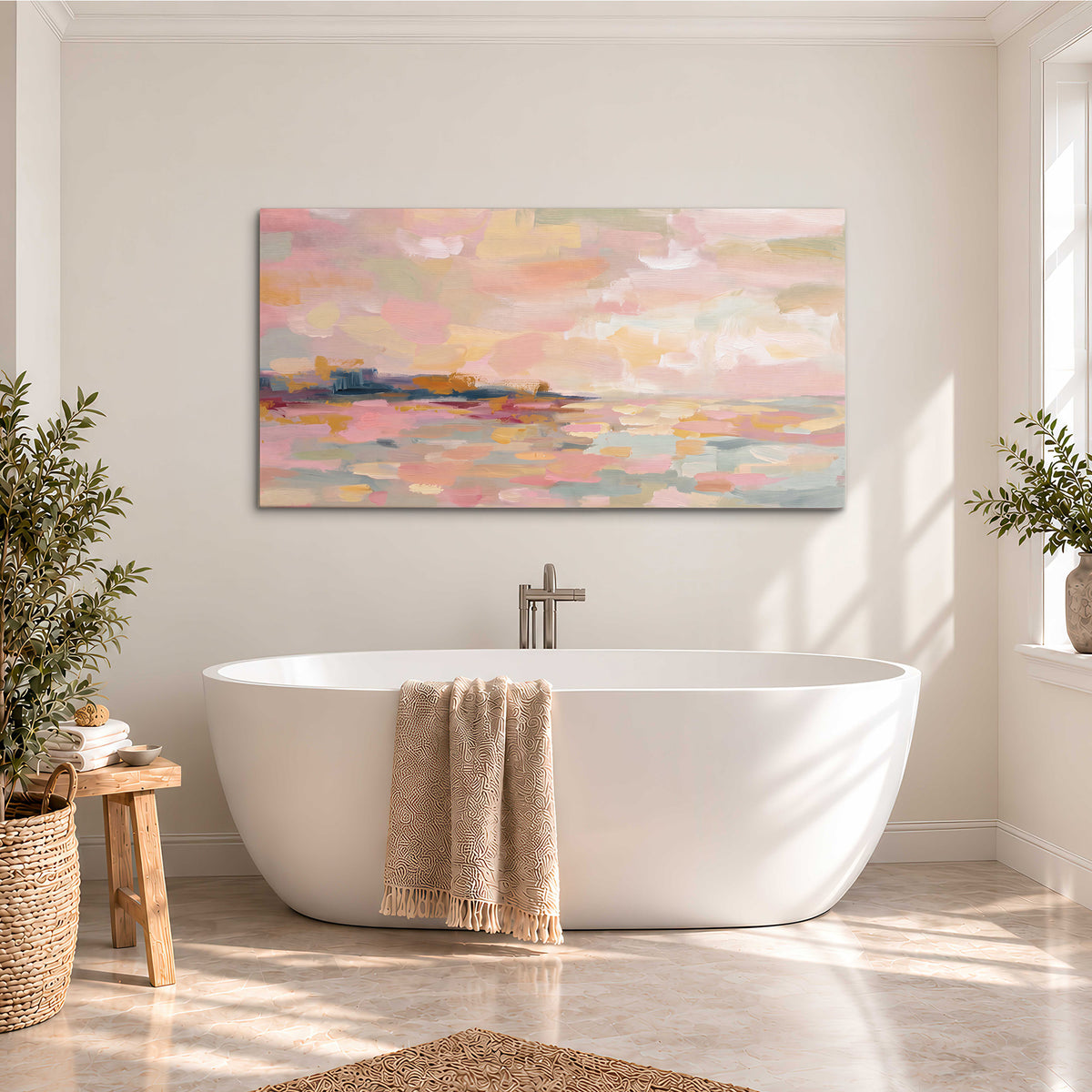 Pink, peach and yellow painted-style sky and water reflections single canvas wall art styled in an interior
