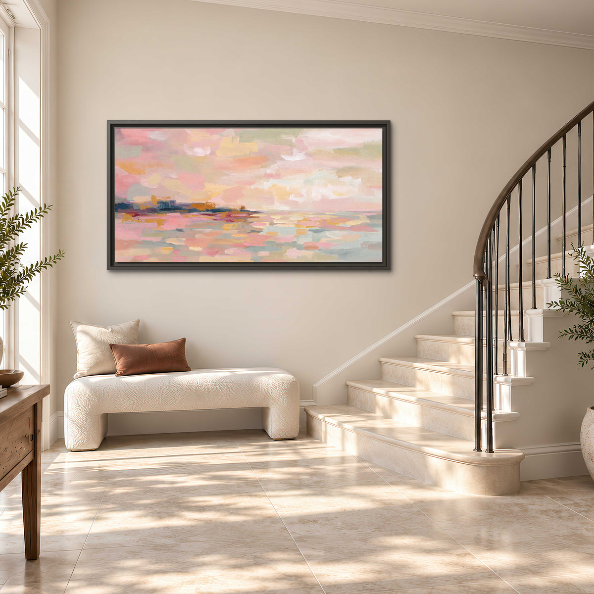 Pink, peach and yellow painted-style sky and water reflections single framed canvas wall art styled in an interior