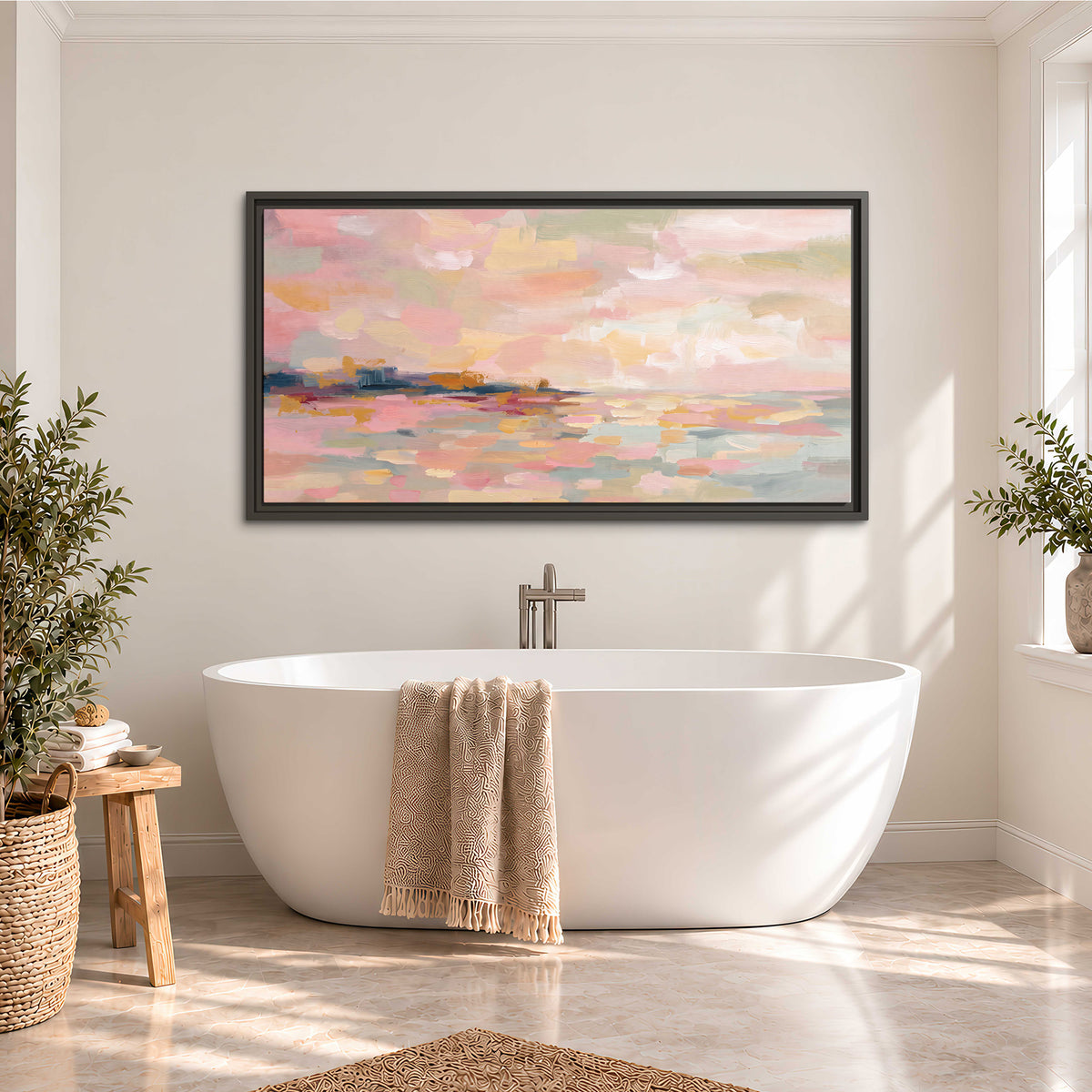 Pink, peach and yellow painted-style sky and water reflections single framed canvas wall art styled in an interior