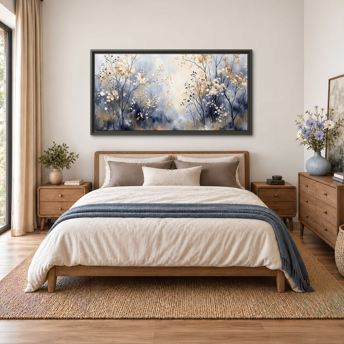 Delicate pale gold-colored branches against a deep blue misty background single framed canvas wall art styled in an interior