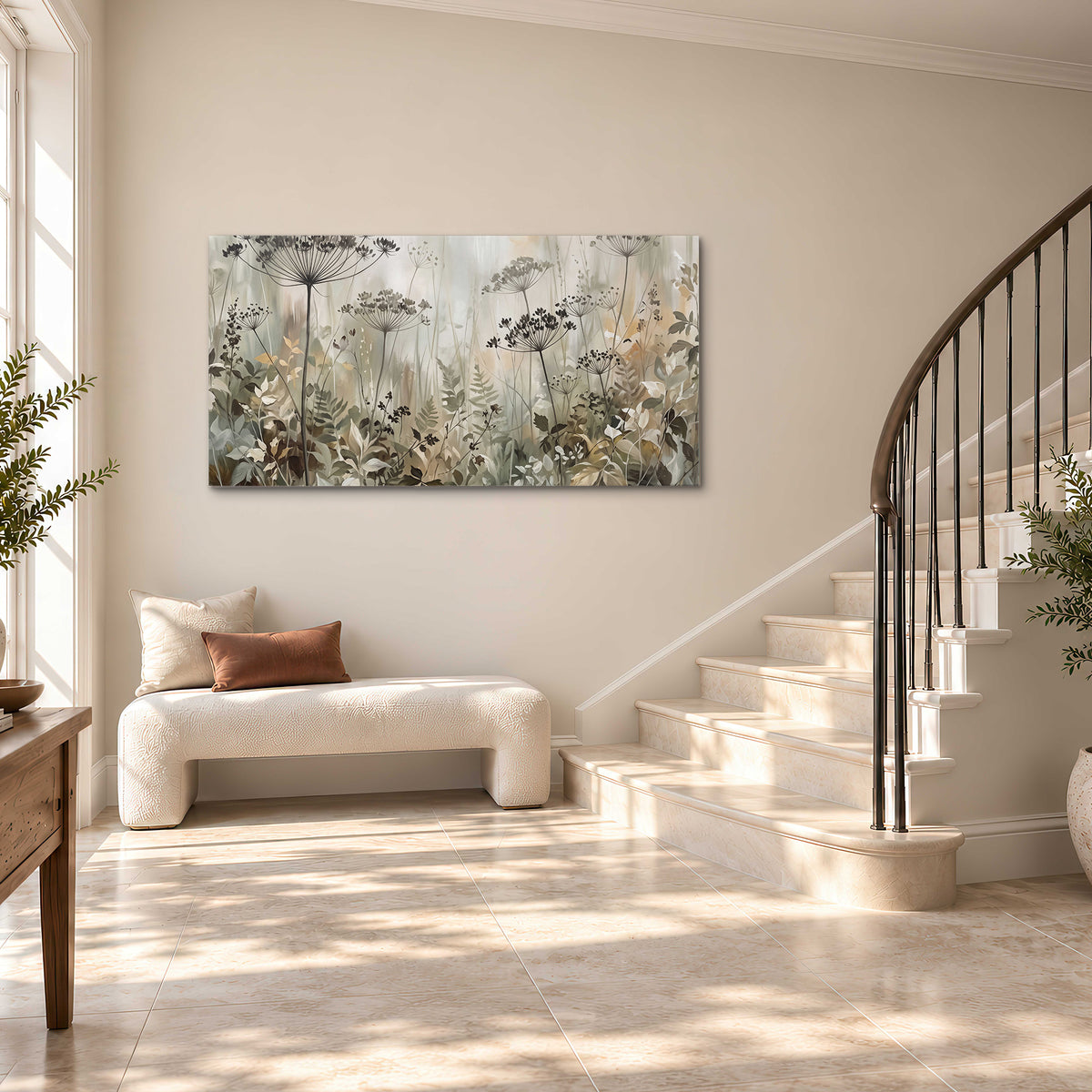 Fine wildflower seed heads and muted foliage in gray-green and cream single canvas wall art styled in an interior