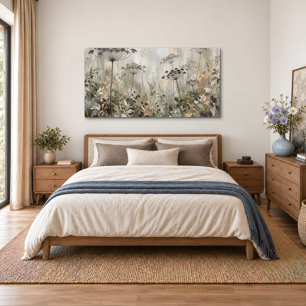Fine wildflower seed heads and muted foliage in gray-green and cream single canvas wall art styled in an interior