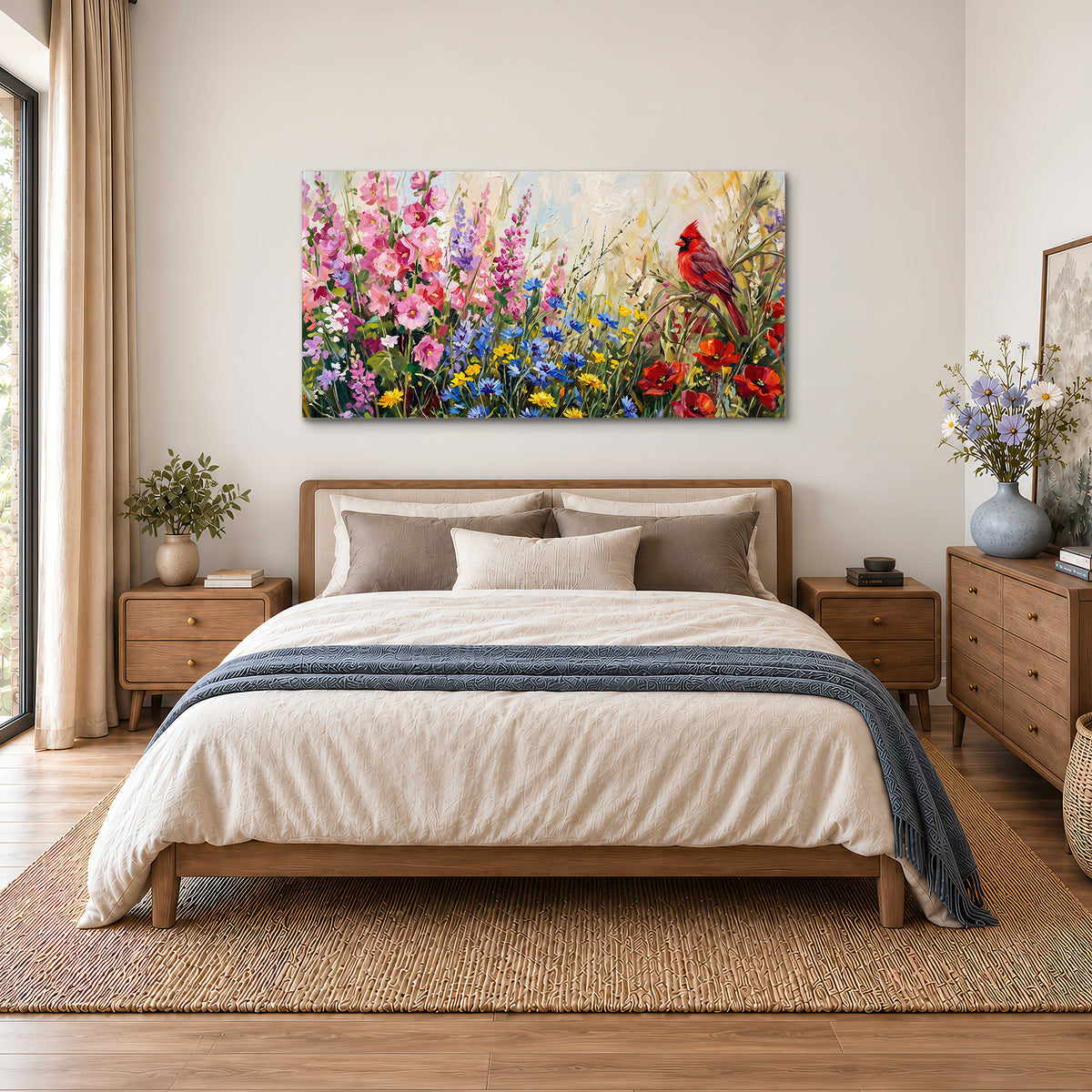 A bright red cardinal among vivid pink, blue and yellow wildflowers single canvas wall art styled in an interior