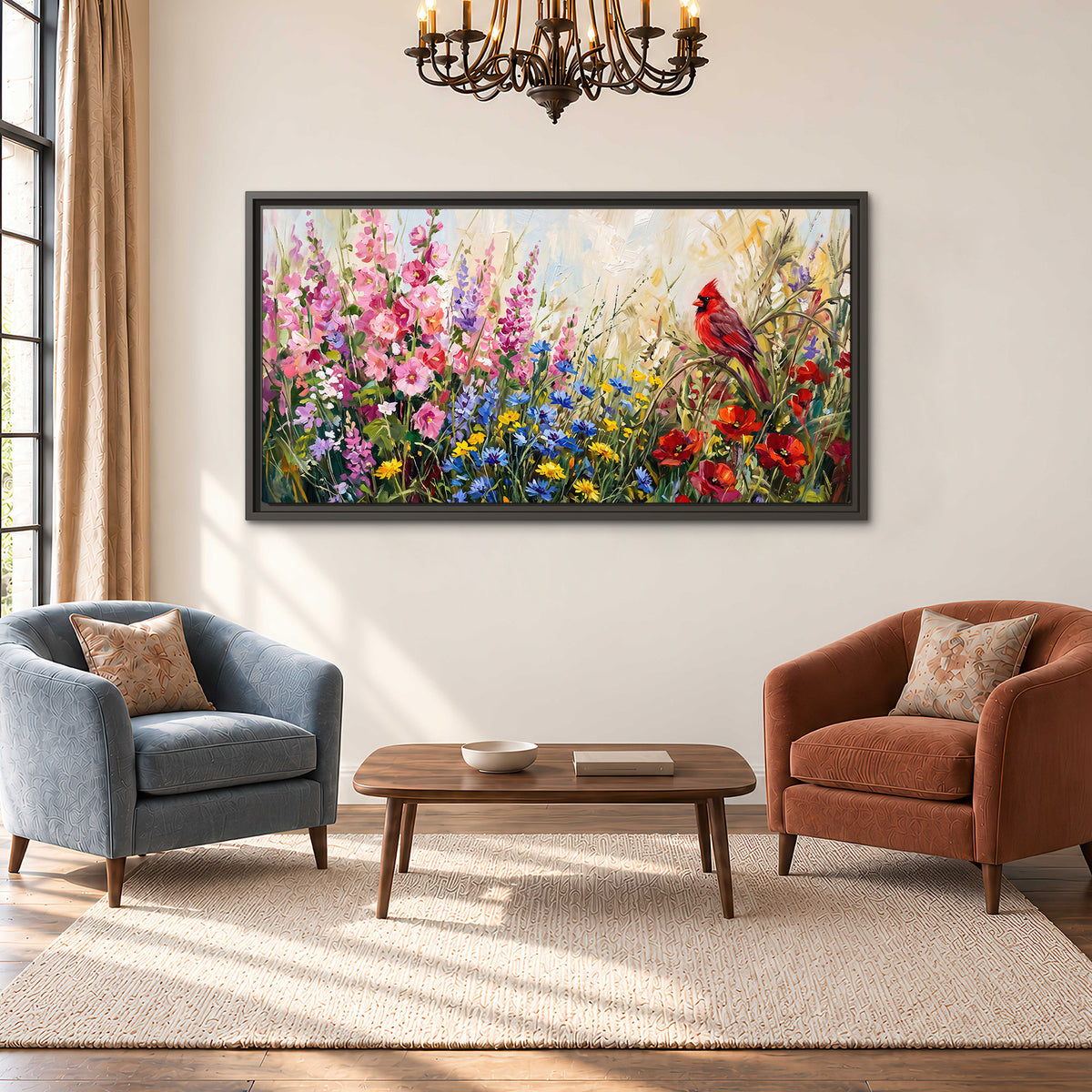 A bright red cardinal among vivid pink, blue and yellow wildflowers single framed canvas wall art styled in an interior