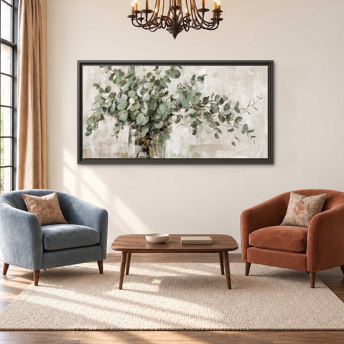 Soft sage eucalyptus leaves and pale stems on a warm cream background single framed canvas wall art styled in an interior