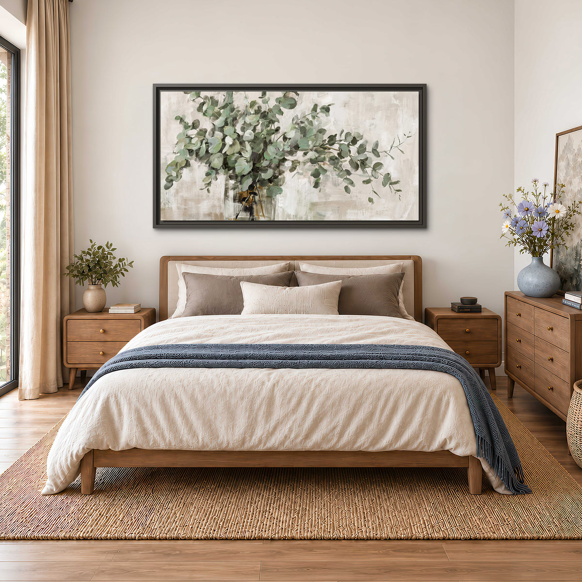 Soft sage eucalyptus leaves and pale stems on a warm cream background single framed canvas wall art styled in an interior
