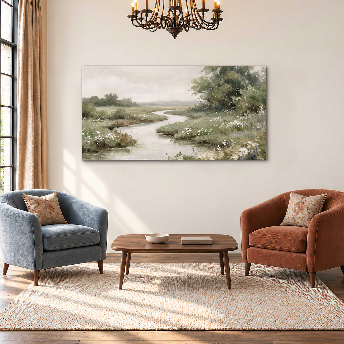 A narrow winding stream through quiet green meadows and trees single canvas wall art styled in an interior