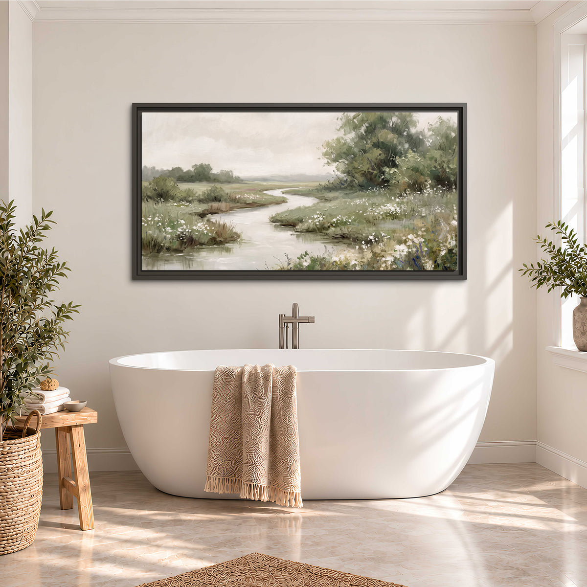 A narrow winding stream through quiet green meadows and trees single framed canvas wall art styled in an interior