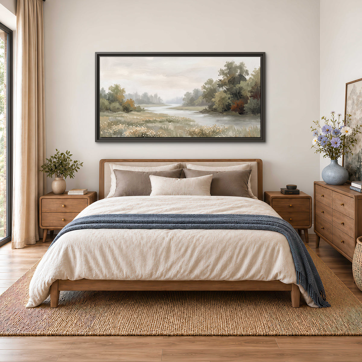 A broad pale river bordered by green trees and small meadow flowers single framed canvas wall art styled in an interior