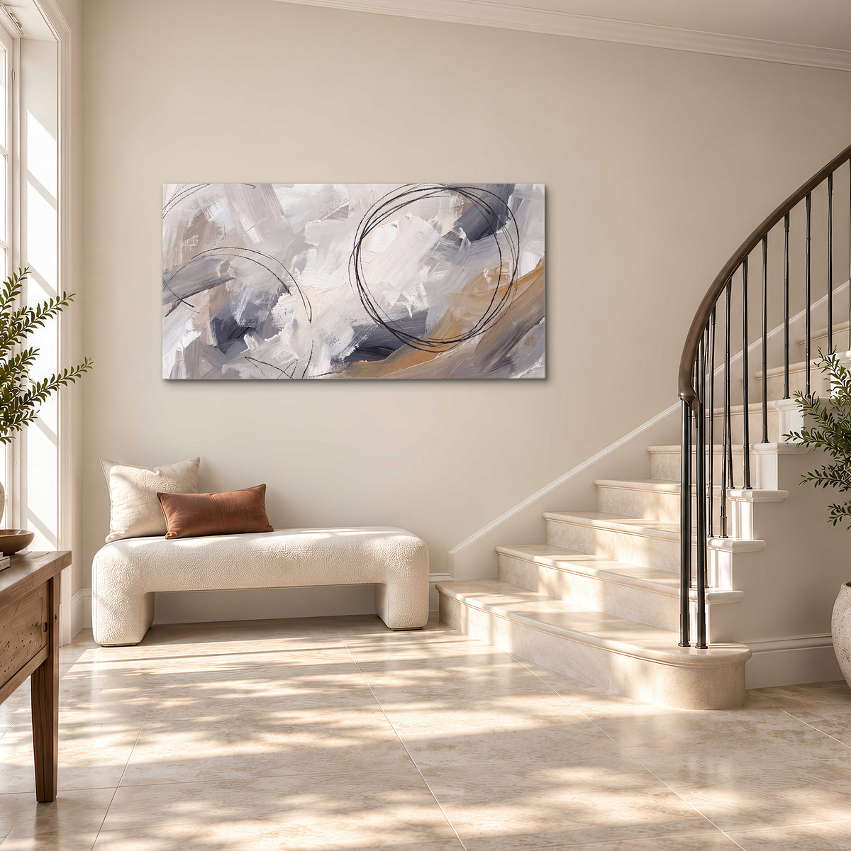 Expressive gray and cream abstract forms with fine gold-colored circular lines single canvas wall art styled in an interior