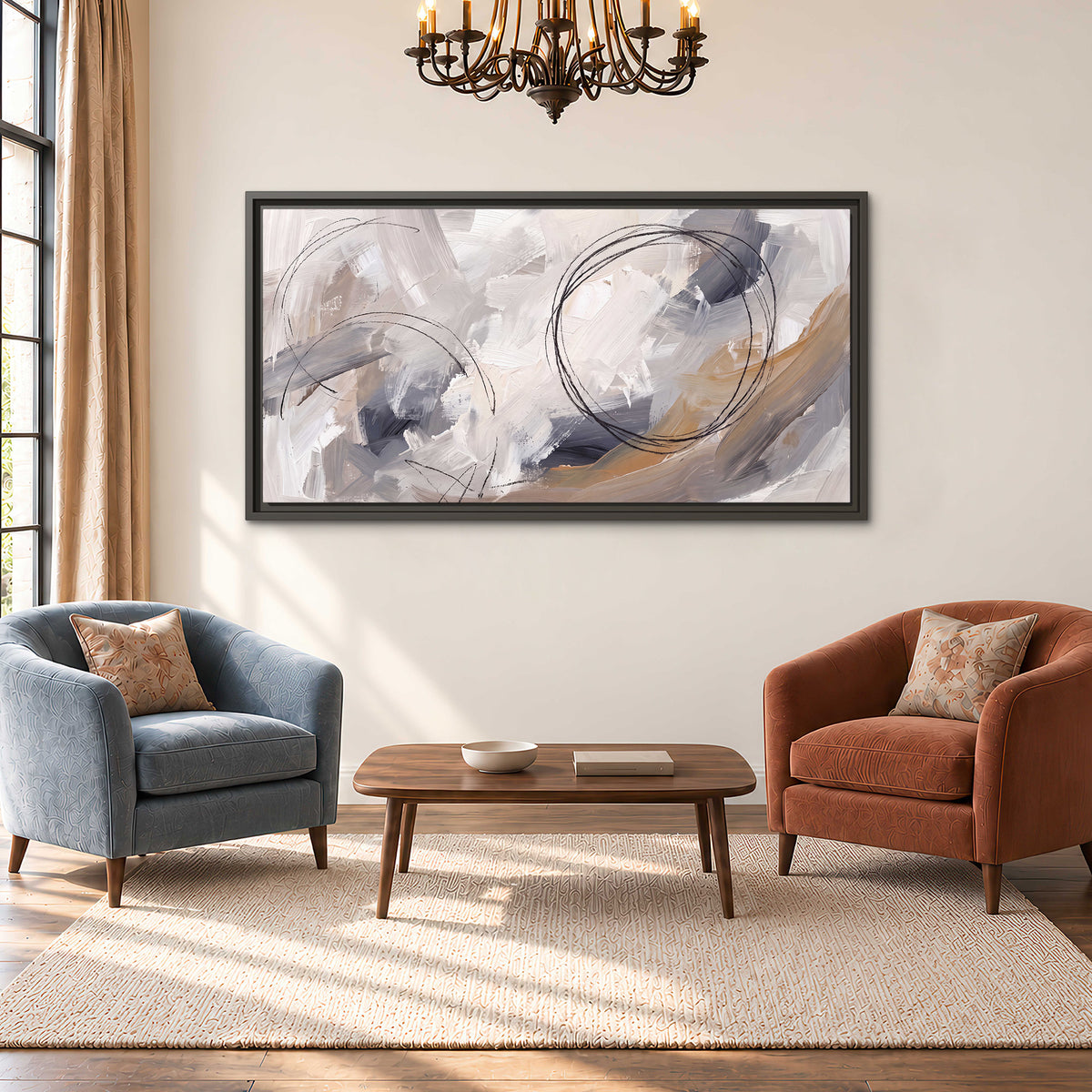 Expressive gray and cream abstract forms with fine gold-colored circular lines single framed canvas wall art styled in an interior