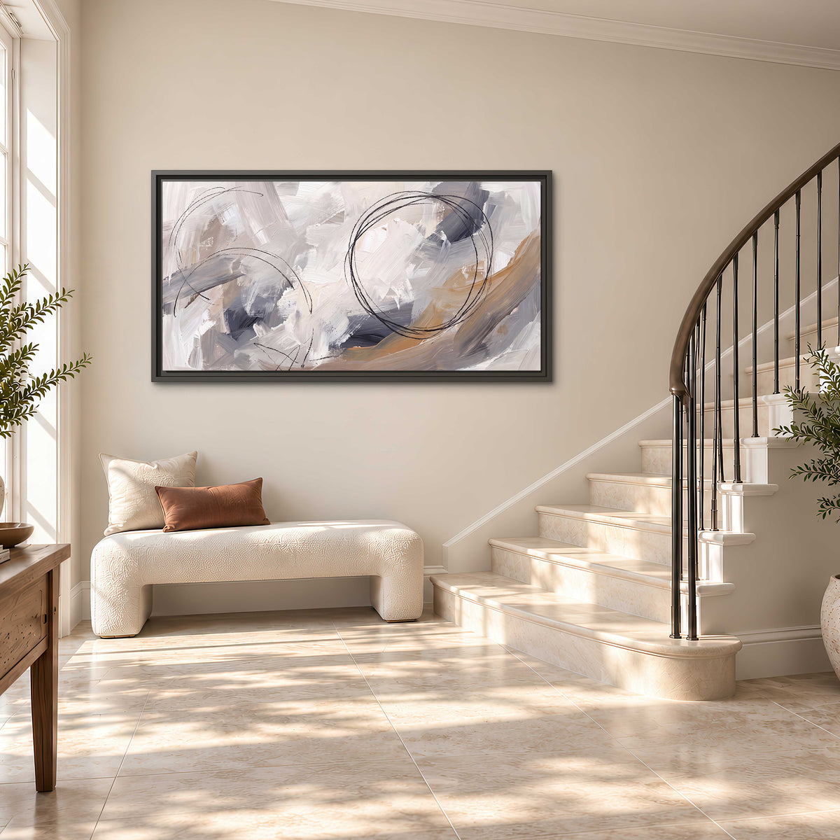 Expressive gray and cream abstract forms with fine gold-colored circular lines single framed canvas wall art styled in an interior