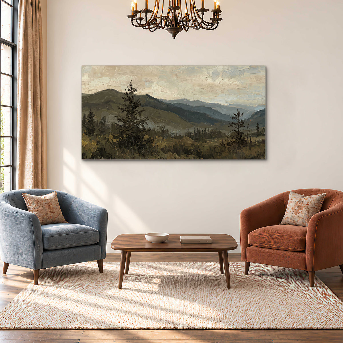 Layered mountain ridges and dark evergreen trees beneath a muted cloudy sky single canvas wall art styled in an interior