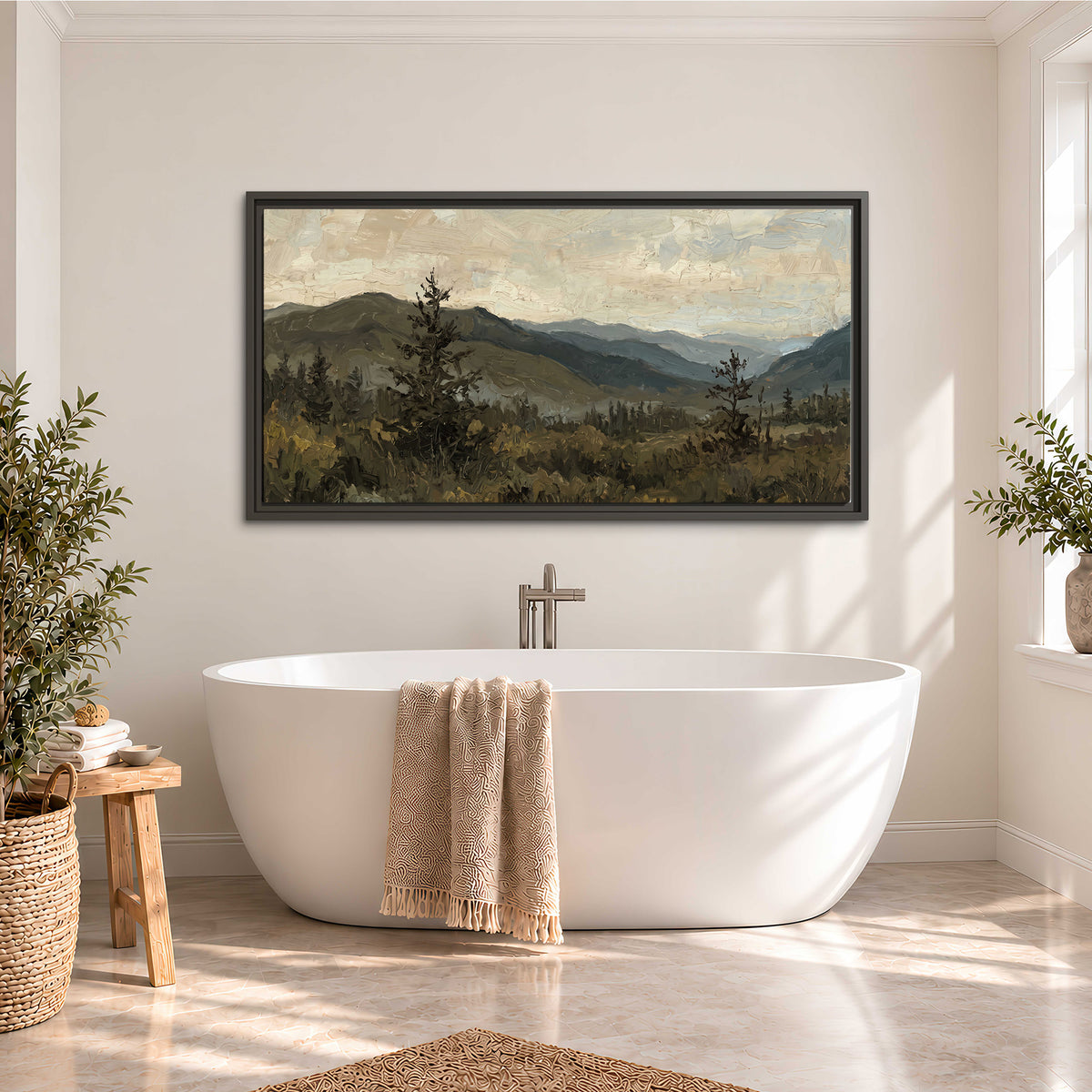 Layered mountain ridges and dark evergreen trees beneath a muted cloudy sky single framed canvas wall art styled in an interior