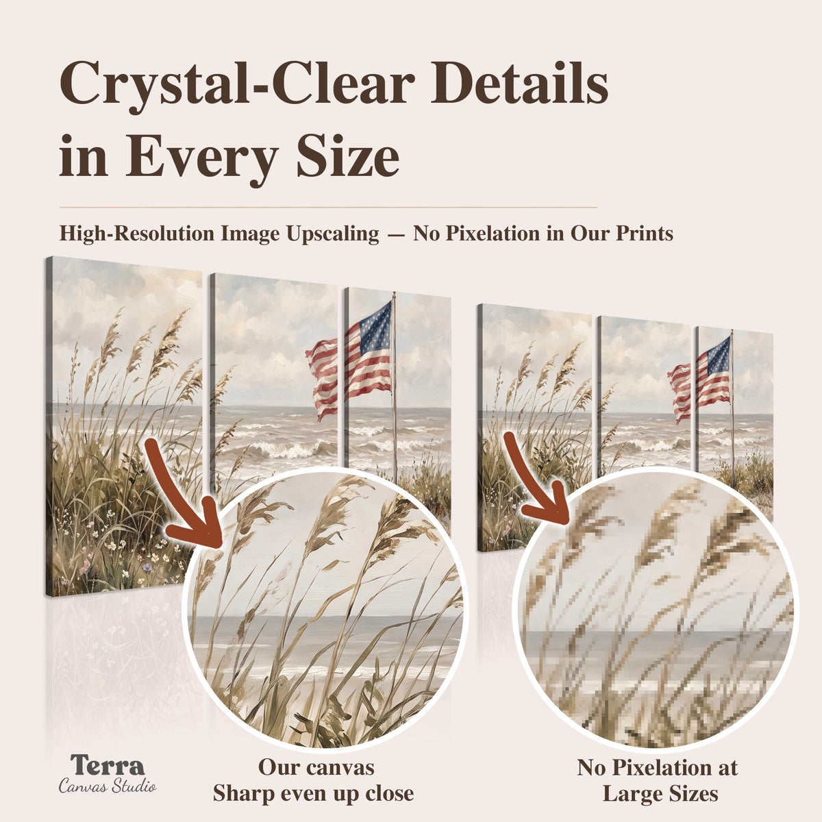An American flag above coastal grasses beside a quiet sandy beach artwork quality information