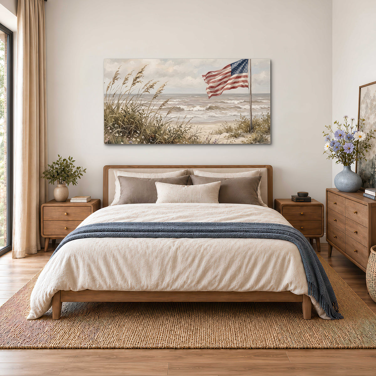 An American flag above coastal grasses beside a quiet sandy beach single canvas wall art styled in an interior