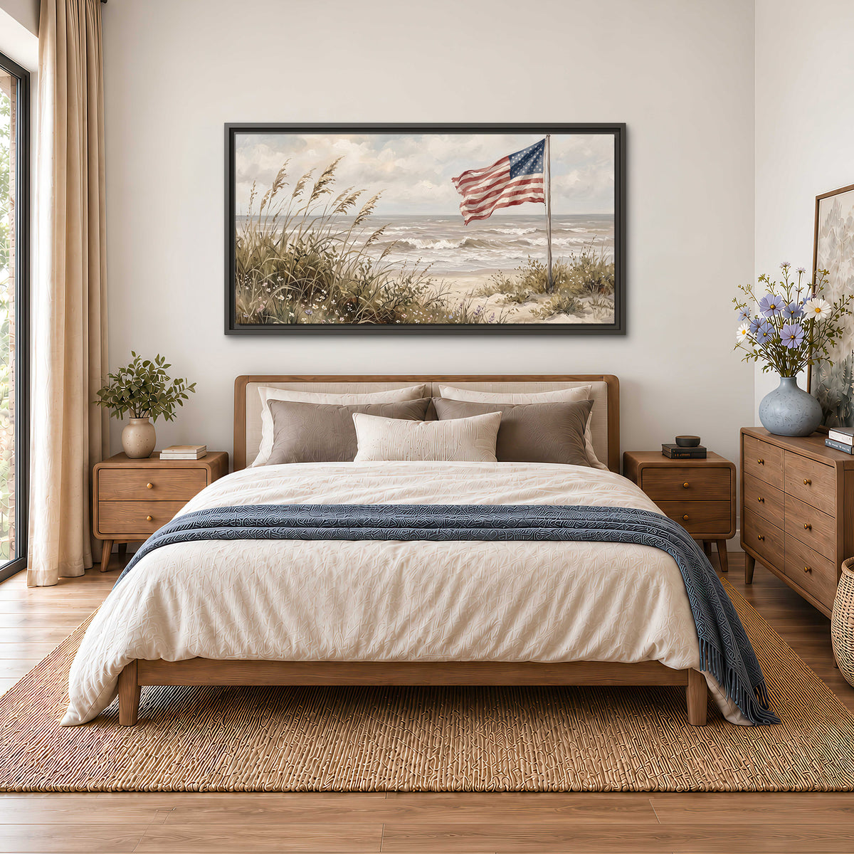 An American flag above coastal grasses beside a quiet sandy beach single framed canvas wall art styled in an interior