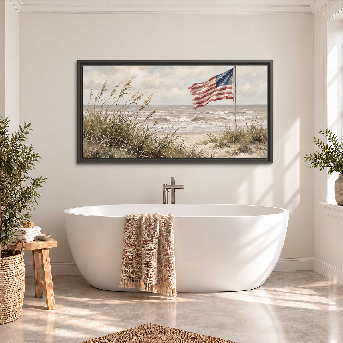 An American flag above coastal grasses beside a quiet sandy beach single framed canvas wall art styled in an interior