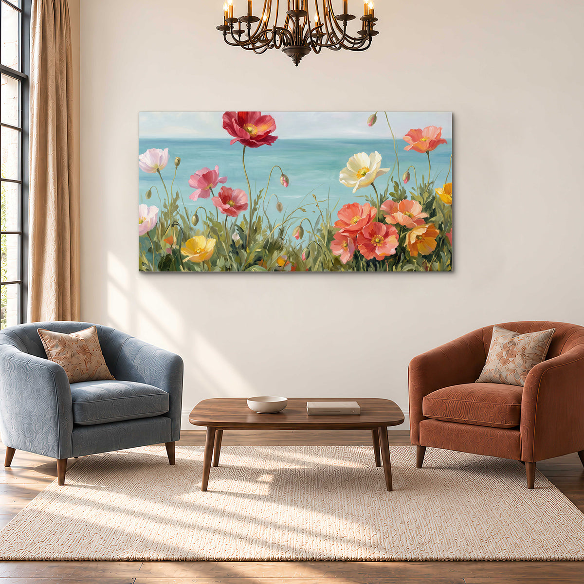 Colorful red, peach and yellow flowers beside a turquoise sea single canvas wall art styled in an interior