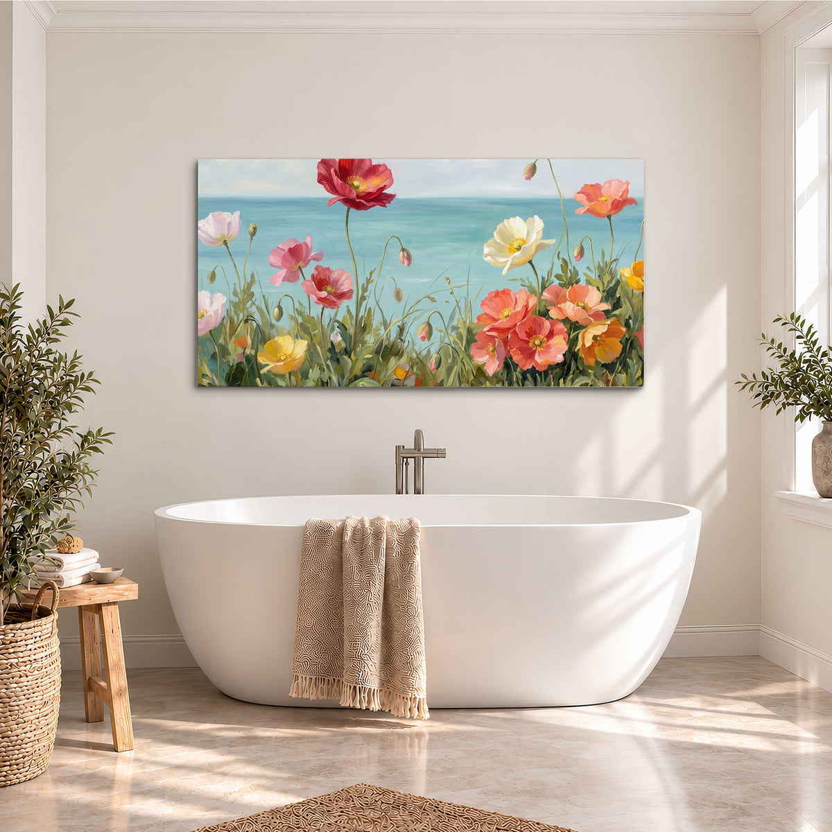 Colorful red, peach and yellow flowers beside a turquoise sea single canvas wall art styled in an interior