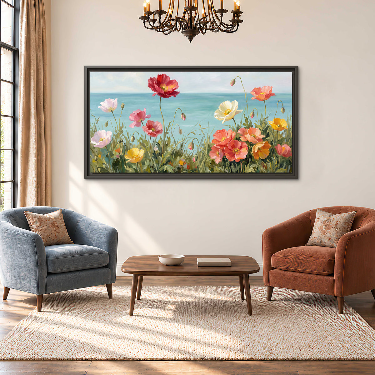 Colorful red, peach and yellow flowers beside a turquoise sea single framed canvas wall art styled in an interior