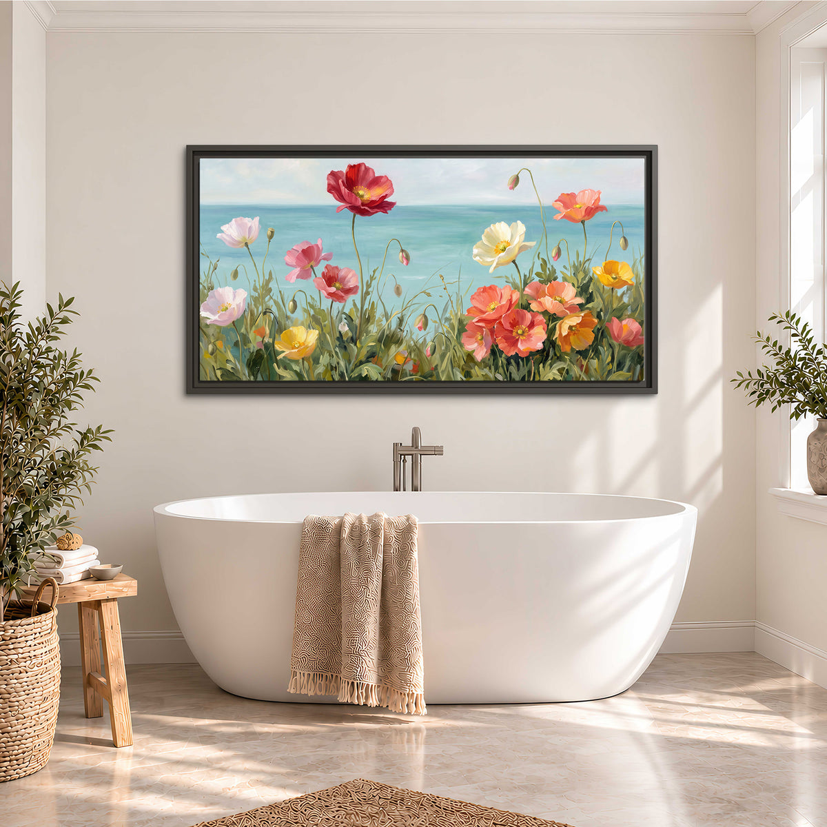 Colorful red, peach and yellow flowers beside a turquoise sea single framed canvas wall art styled in an interior