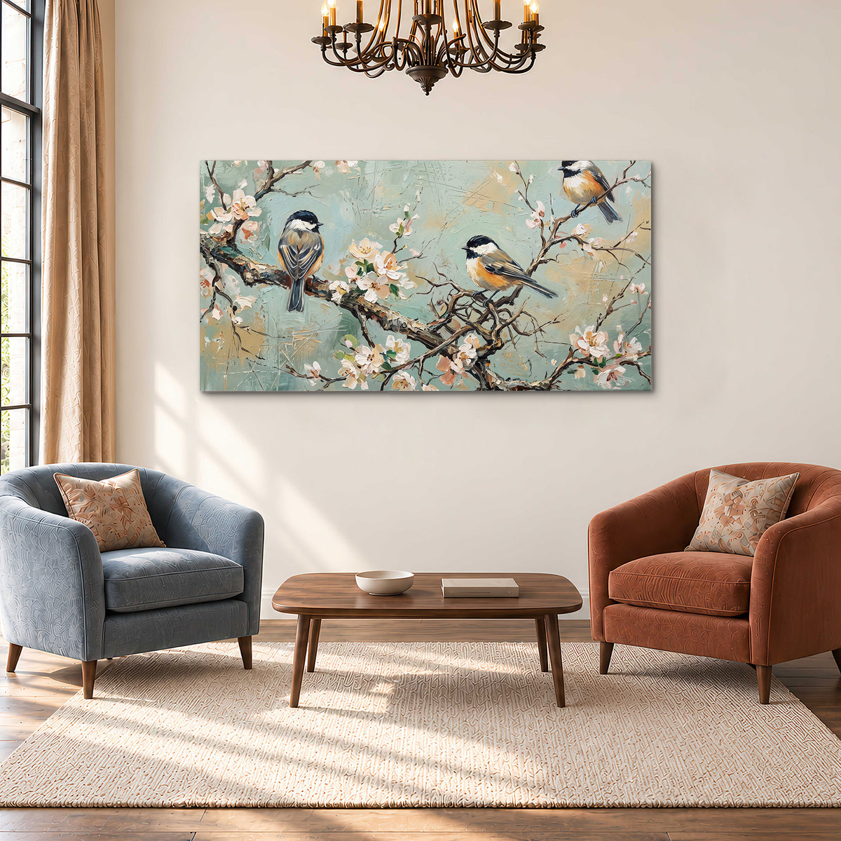 Small colorful songbirds perched among pale blossoms on soft aqua single canvas wall art styled in an interior