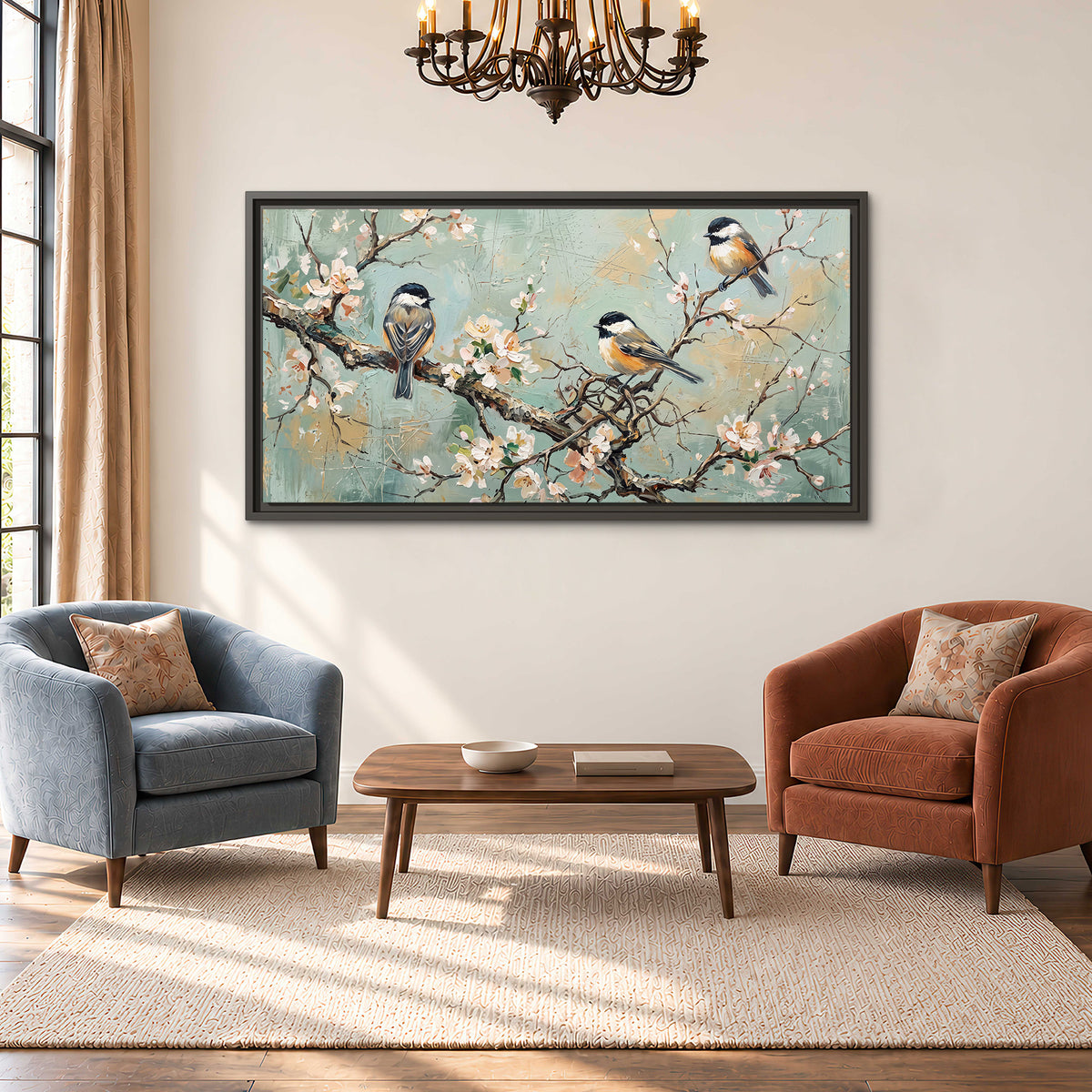 Small colorful songbirds perched among pale blossoms on soft aqua single framed canvas wall art styled in an interior