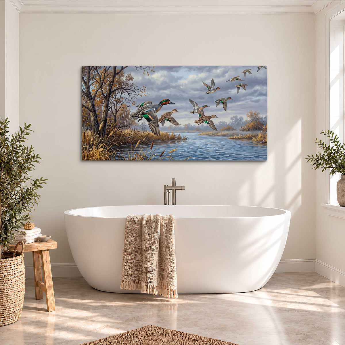 Ducks taking flight over a blue river framed by autumn branches single canvas wall art styled in an interior