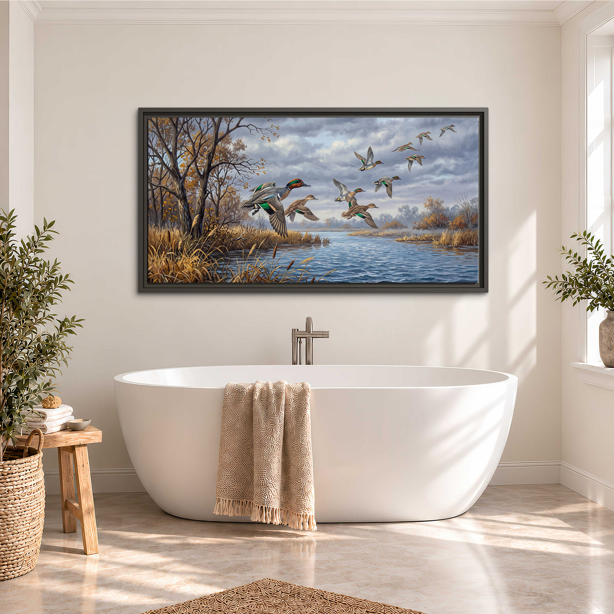 Ducks taking flight over a blue river framed by autumn branches single framed canvas wall art styled in an interior