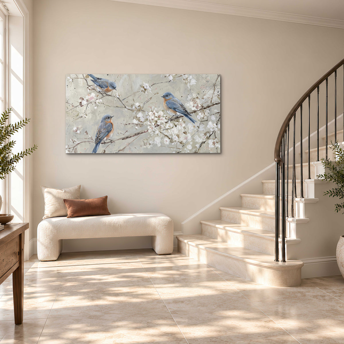 Bluebirds perched on delicate white flowering branches against pale sage single canvas wall art styled in an interior